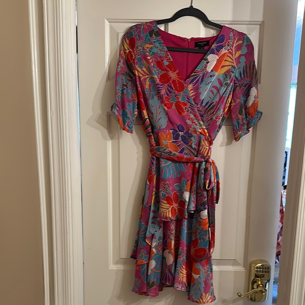 Tahari Pink and Blue Flutter Sleeve Wrap Sundress